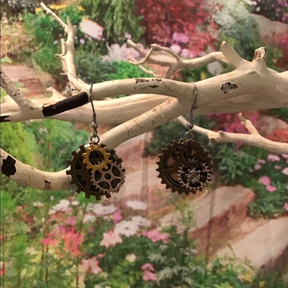 Steampunk handmade earrings silver gears metals - Picture 3 of 9